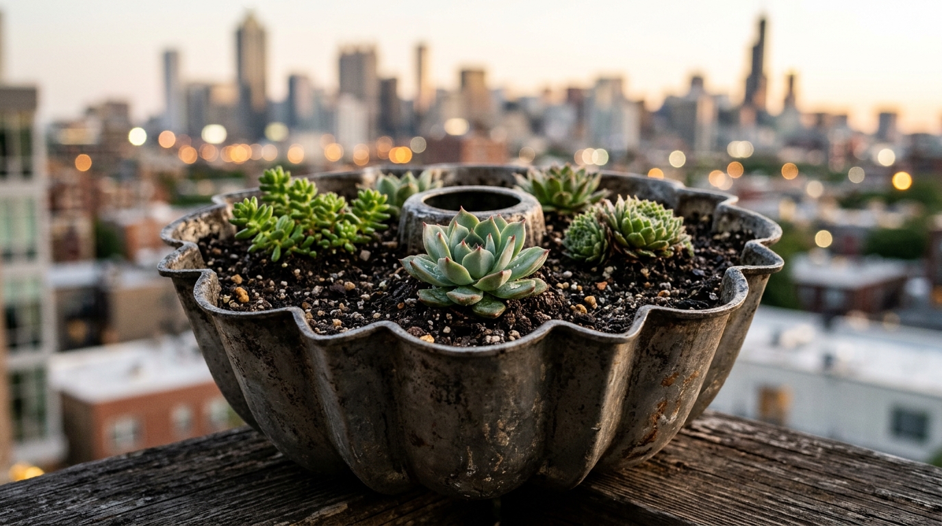 Close-up detail of a copper-patina Bundt pan used as a planter, highlighting the fluted texture and organic soil mix.