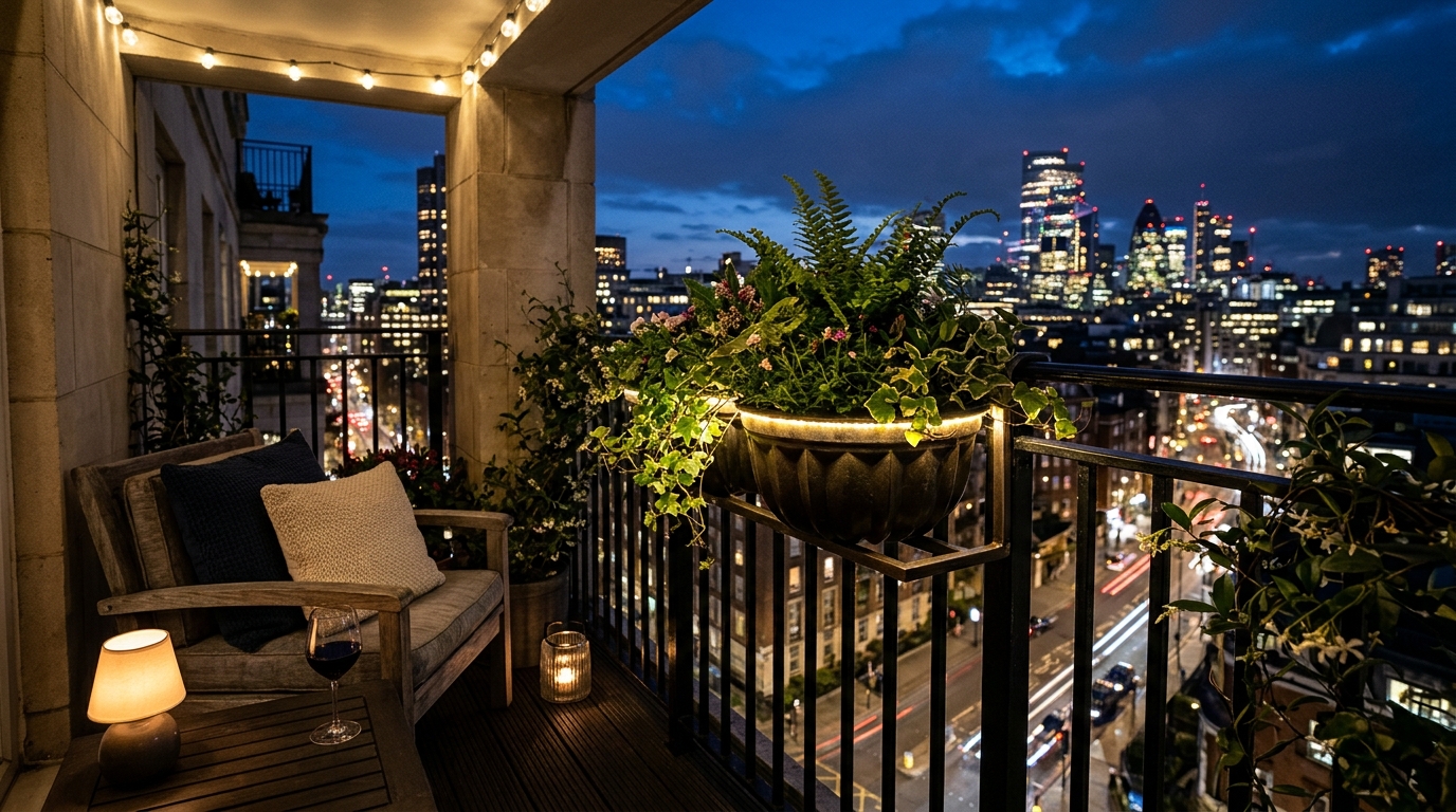 Evening atmospheric shot of a balcony with 2700K warm ambient lighting and high CRI fixtures illuminating lush greenery.