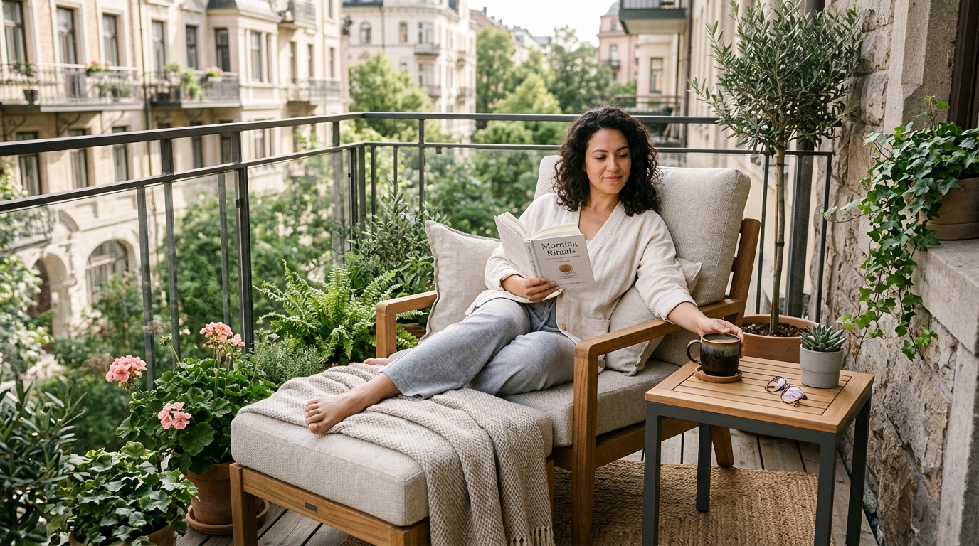 Ergonomic snapshot of a seated person on a small balcony with an 18-inch reach to a travertine side table and an umbrella overhead.