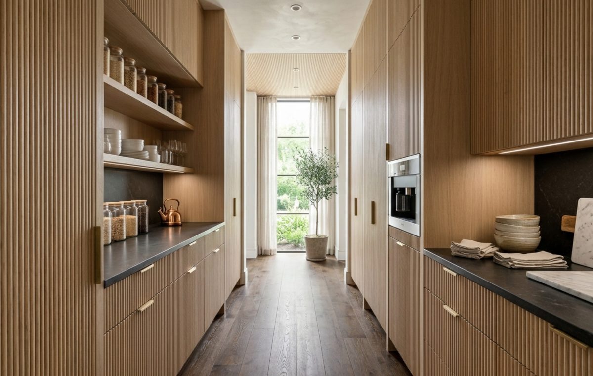 A wide-angle architectural shot of a modern butler's pantry with 36-inch walkway clearance and floor-to-ceiling white oak cabinetry, illustrating small pantry organization ideas architecture.