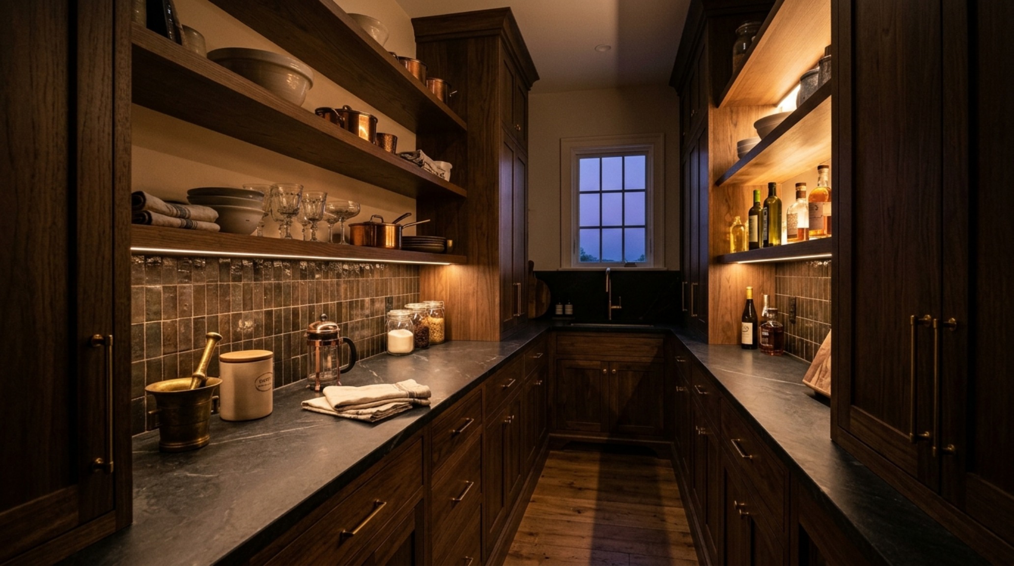 Atmospheric evening shot of a butler's pantry with 2700K warm LED under-shelf lighting reflecting off a marble backsplash, following the small pantry organization ideas lighting guide.
