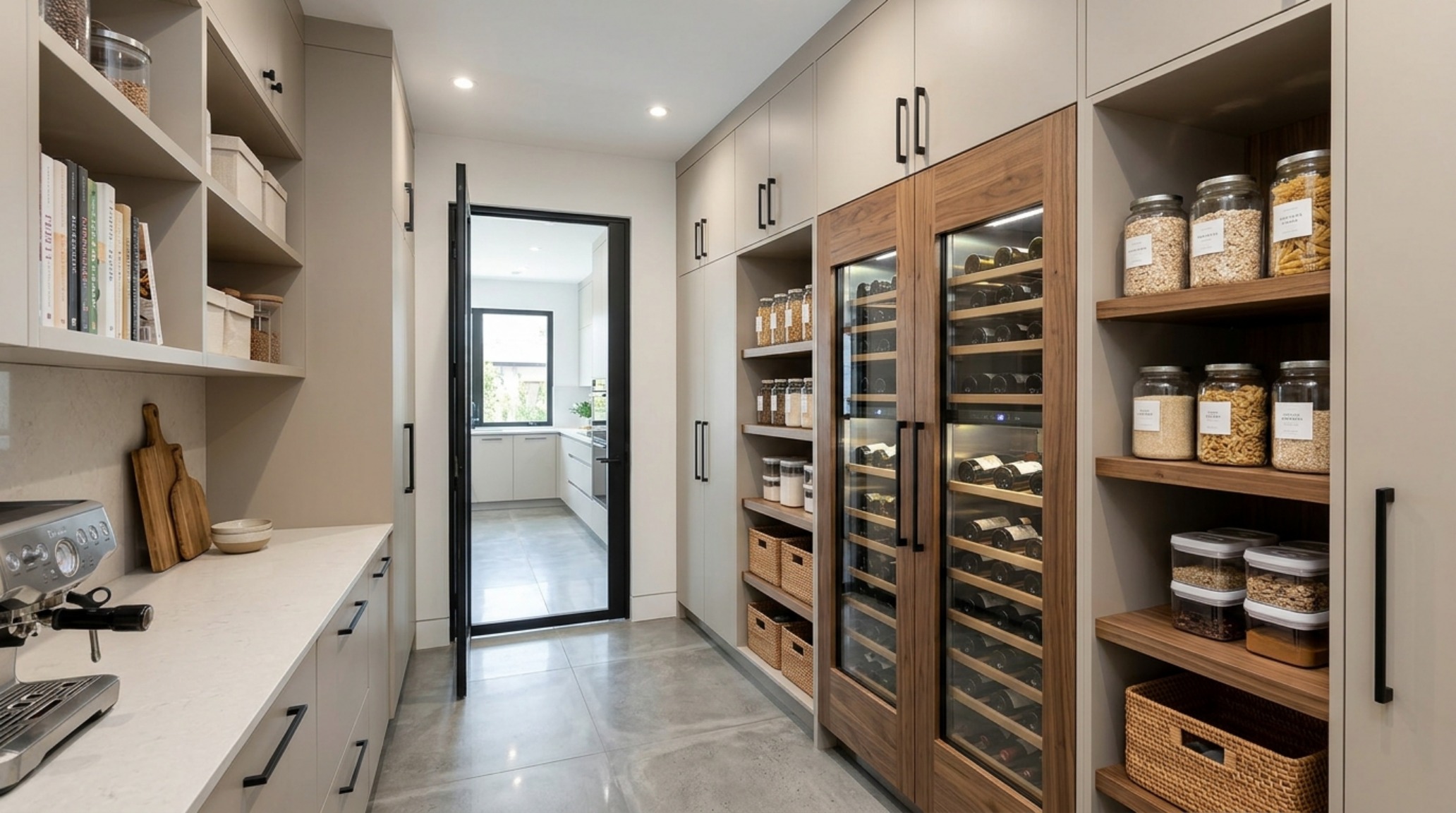 Editorial perspective of a walk-in butler's pantry with integrated library ladder and matte black hardware, showcasing high-end small pantry organization ideas layout.