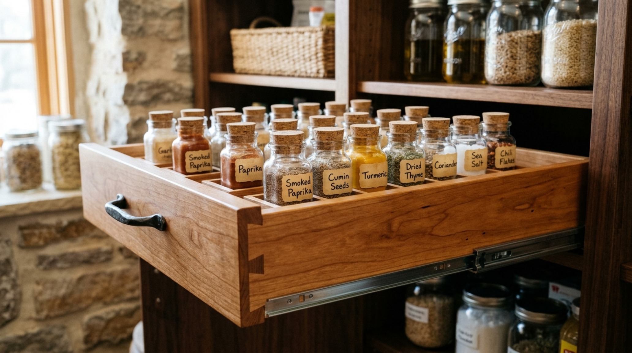 Close-up of pull-out spice drawers and custom wooden dividers illustrating small pantry organization ideas ergonomics and functional design.