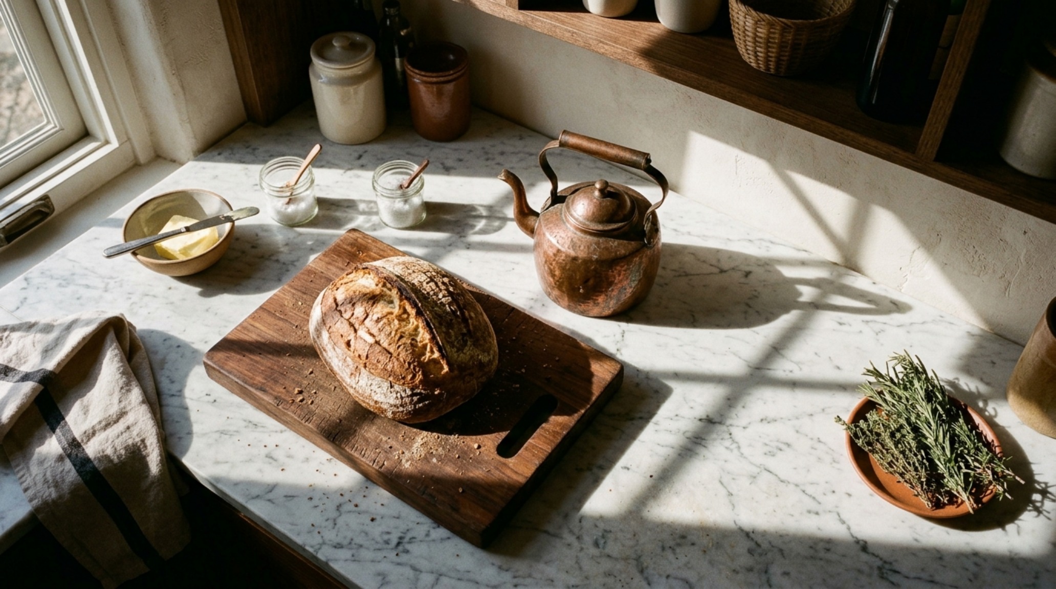 Overhead flat-lay style photograph of a marble pantry counter featuring artisanal bread, vintage copper canisters, and warm directional sunlight.