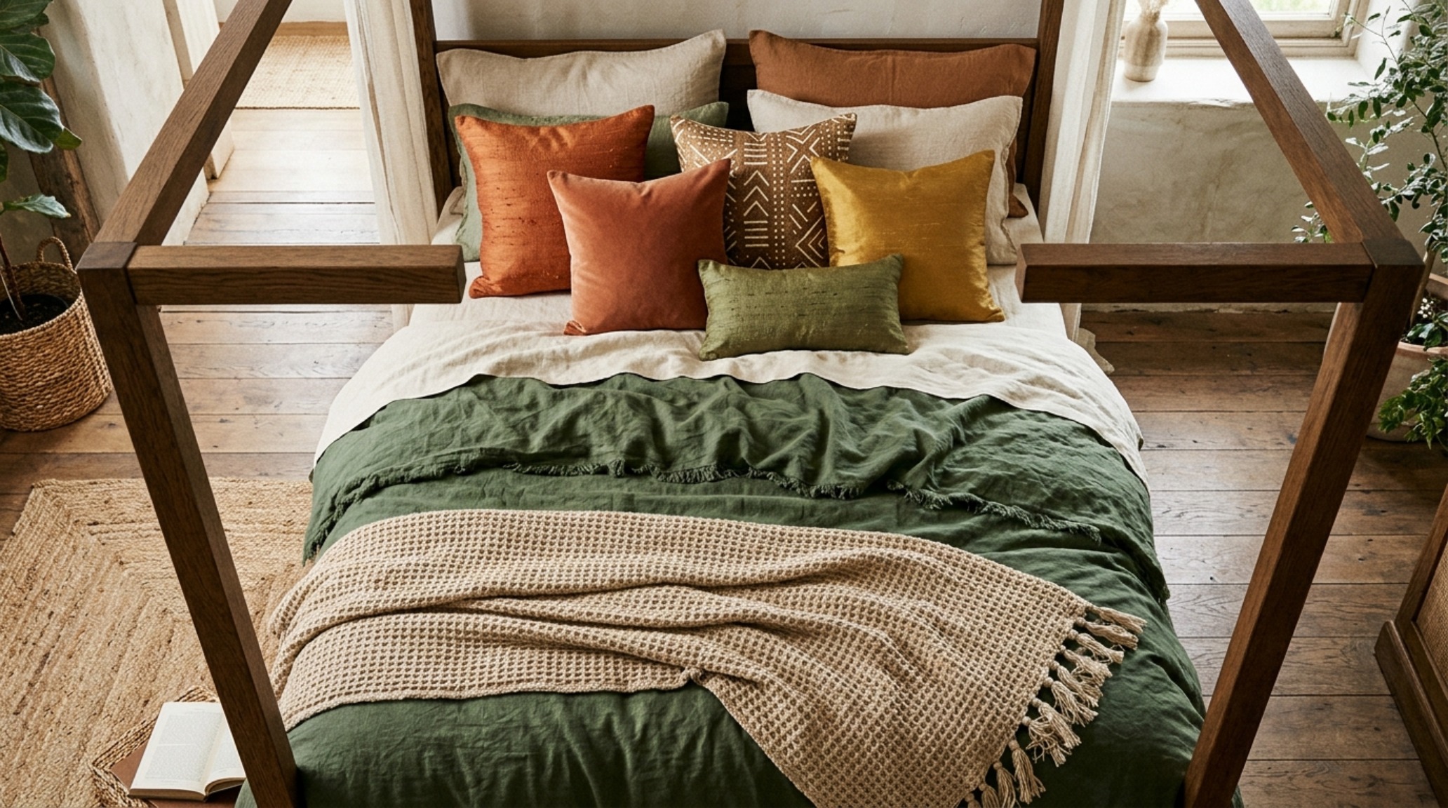 Tonal layering of sand and oatmeal linens on a modern canopy bed frame, demonstrating luxury canopy bed decor ideas textures and material depth.