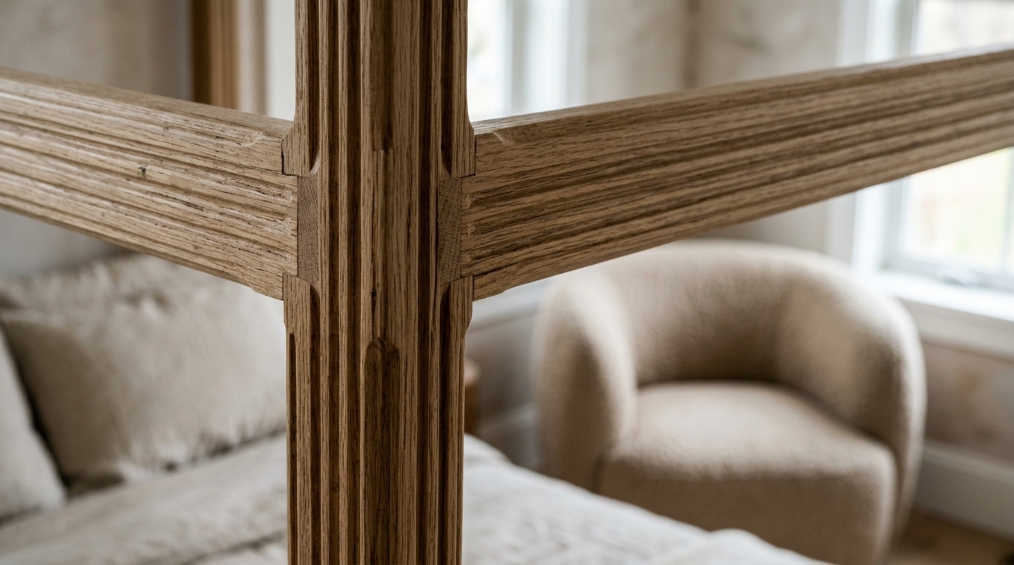 Detail shot of a white oak canopy bed with fluted wood joinery and neutral boucle accent chair, highlighting luxury canopy bed decor ideas textures.