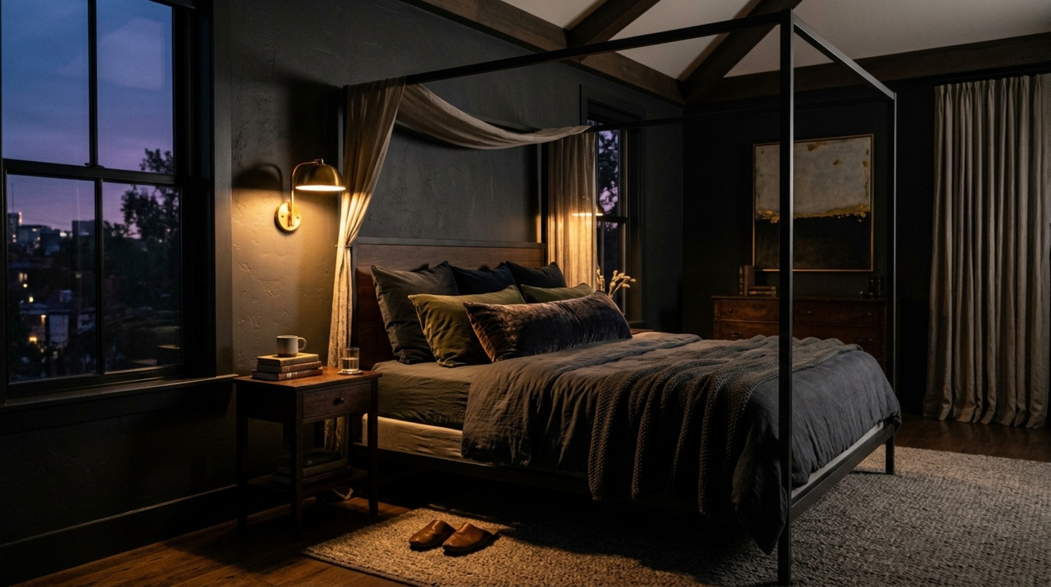 Dramatic dark canopy bed with charcoal velvet upholstery and moody ambient lighting, emphasizing the tactile aesthetic of contemporary canopy bed decor ideas.