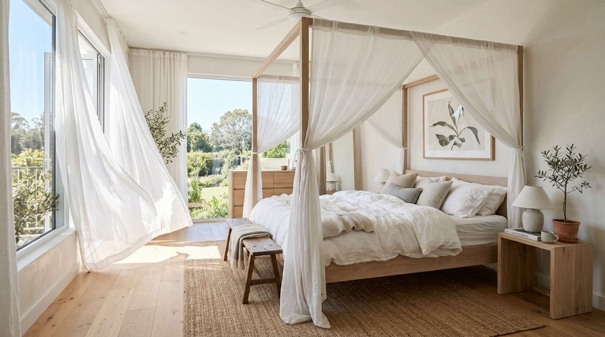 Coastal-inspired canopy bed in bleached white oak with sheer linen drapery, showcasing airy canopy bed decor ideas layout for bright bedrooms.