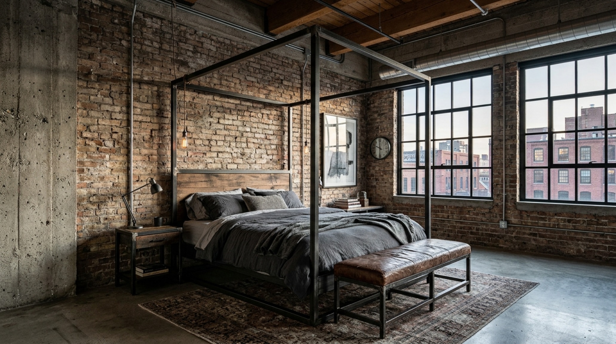 Industrial loft bedroom with a raw steel canopy bed frame against concrete walls and brass lighting fixtures, an example of canopy bed decor ideas architecture.