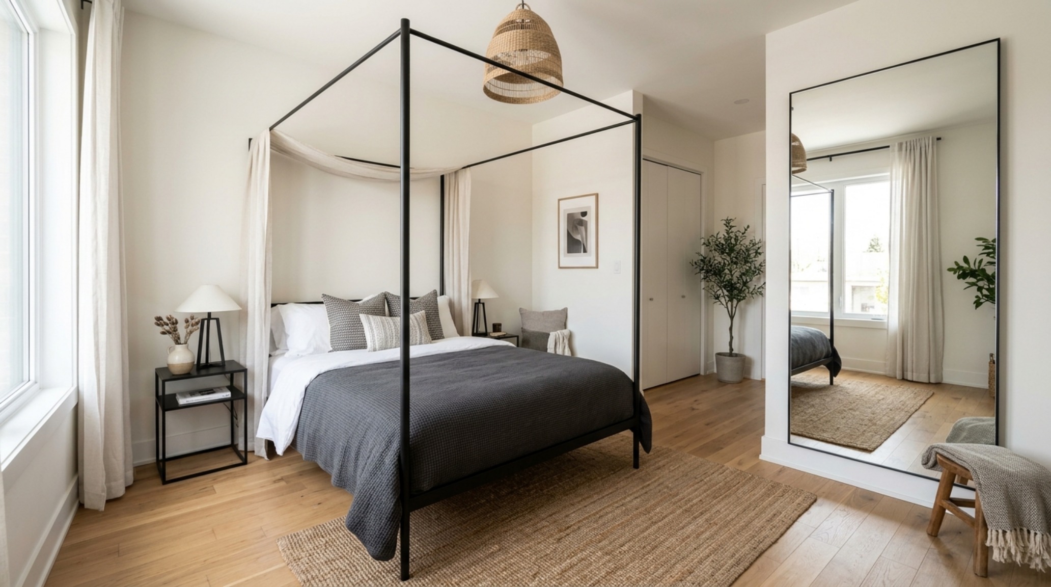 Small bedroom solution featuring a slim-profile canopy bed and 36-inch walkway clearances to illustrate effective small space canopy bed decor ideas.