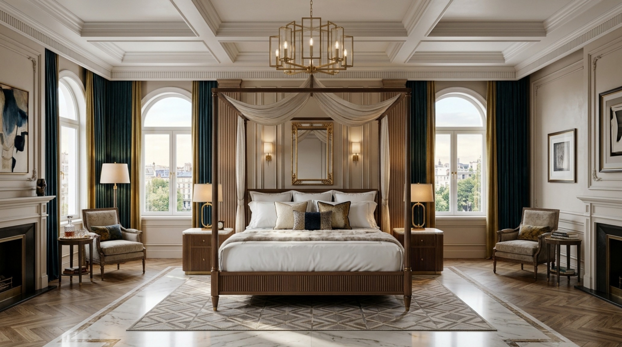 Architectural view of a master bedroom layout with a canopy bed aligned for perfect sightlines and 30-inch furniture clearances.