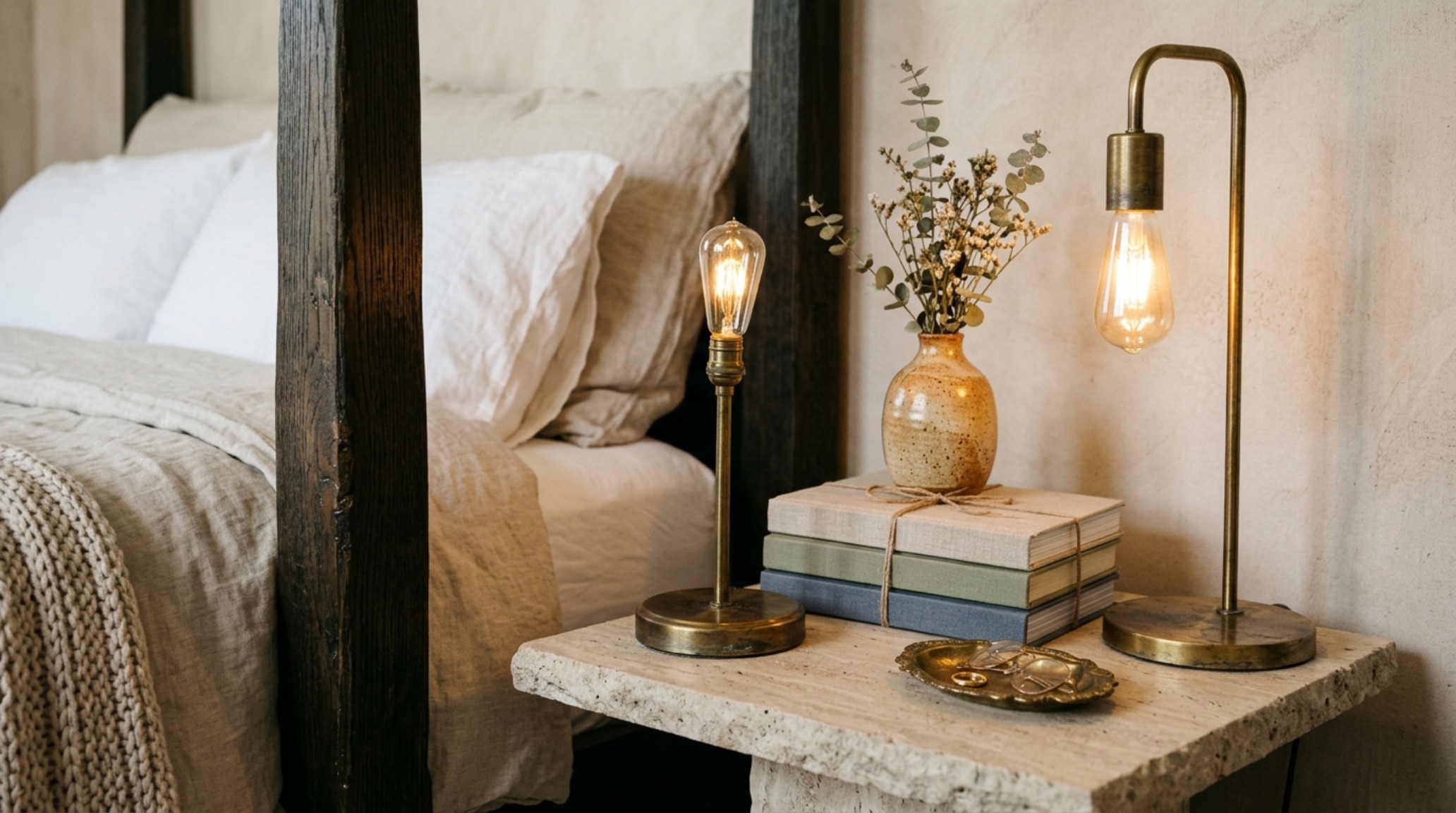 Close-up of hand-rubbed brass swing-arm sconce lighting a canopy bed, highlighting the canopy bed decor ideas lighting guide principles.