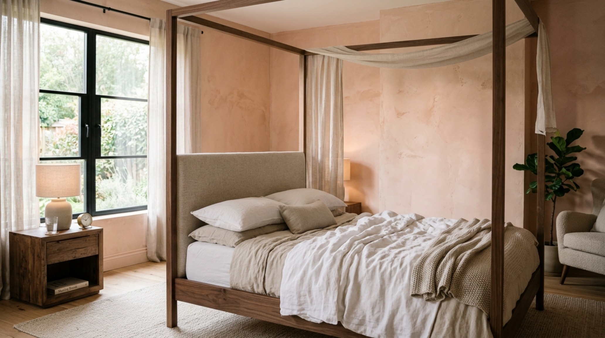 Master suite featuring walls painted in Benjamin Moore Swiss Coffee with a light oak canopy bed for a warm, monochromatic tactile aesthetic.