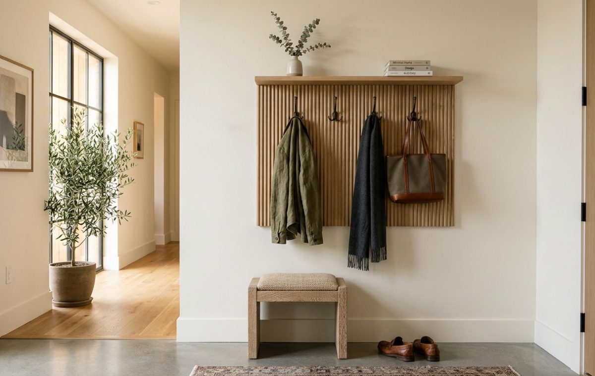 A serene micro entryway featuring a sculptural white oak coat rack against a limewash wall with soft natural light.