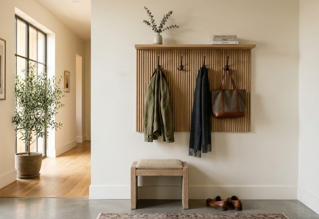 A serene micro entryway featuring a sculptural white oak coat rack against a limewash wall with soft natural light.