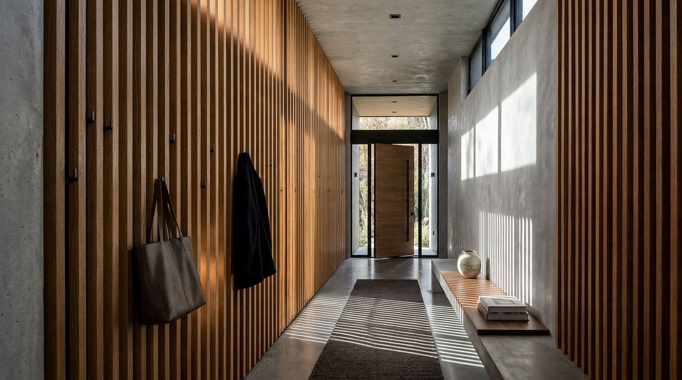 Narrow entryway ideas architecture emphasizing verticality with floor-to-ceiling wooden slats and integrated metal hooks.
