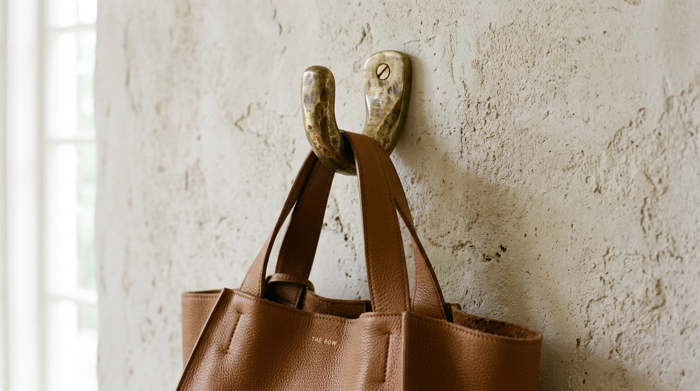 Editorial shot of an entryway with a single sculptural brass hook holding a designer linen bag in a soft-focus hall.