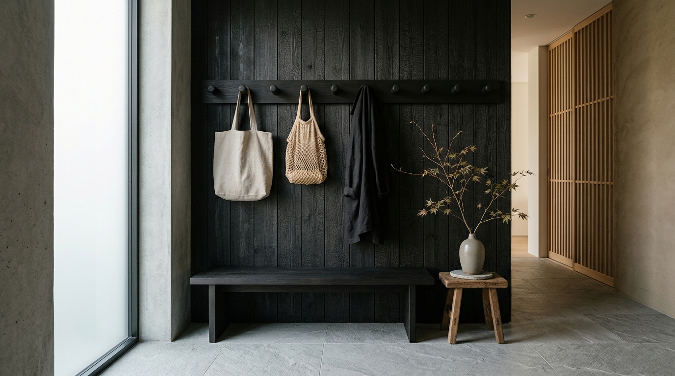 Japanese minimalist coat rack design for micro entryways using charred cedar wood and hidden mounting hardware.