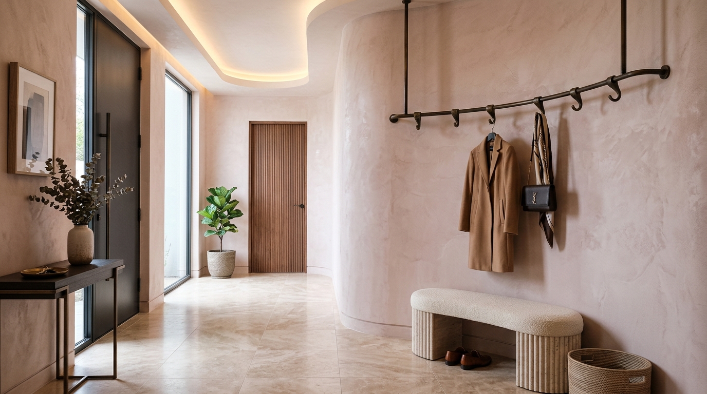 Luxury narrow entryway ideas featuring a curved plaster wall and a bespoke bronze rail system.