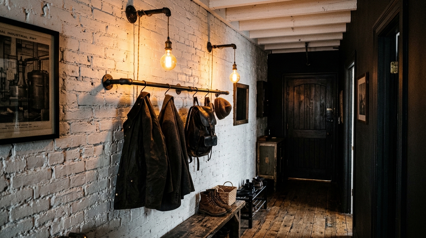 Industrial-chic narrow entryway ideas with sand-cast iron hooks and reclaimed wood accents in a bright loft.