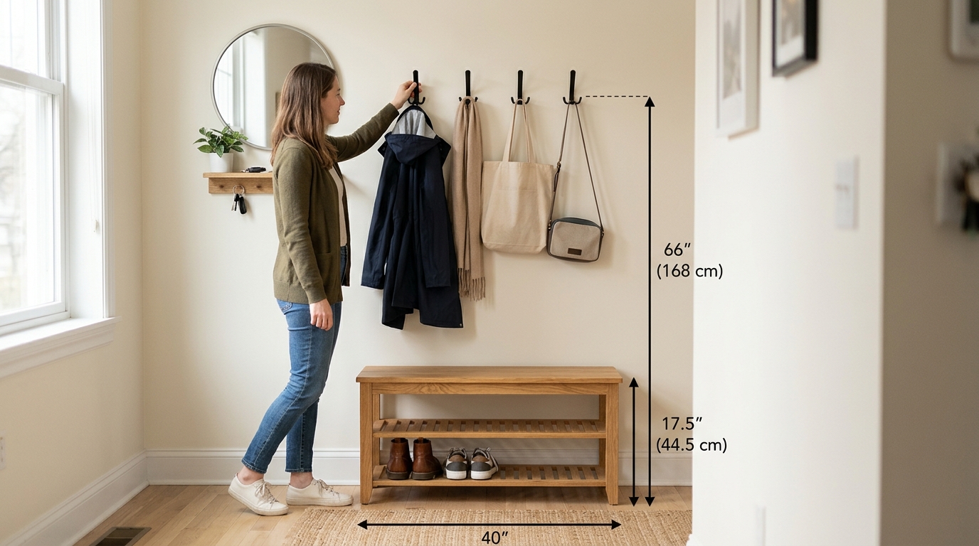 Ergonomic narrow entryway ideas layout showing a 60-inch high rail and a low 18-inch bench for spatial harmony.