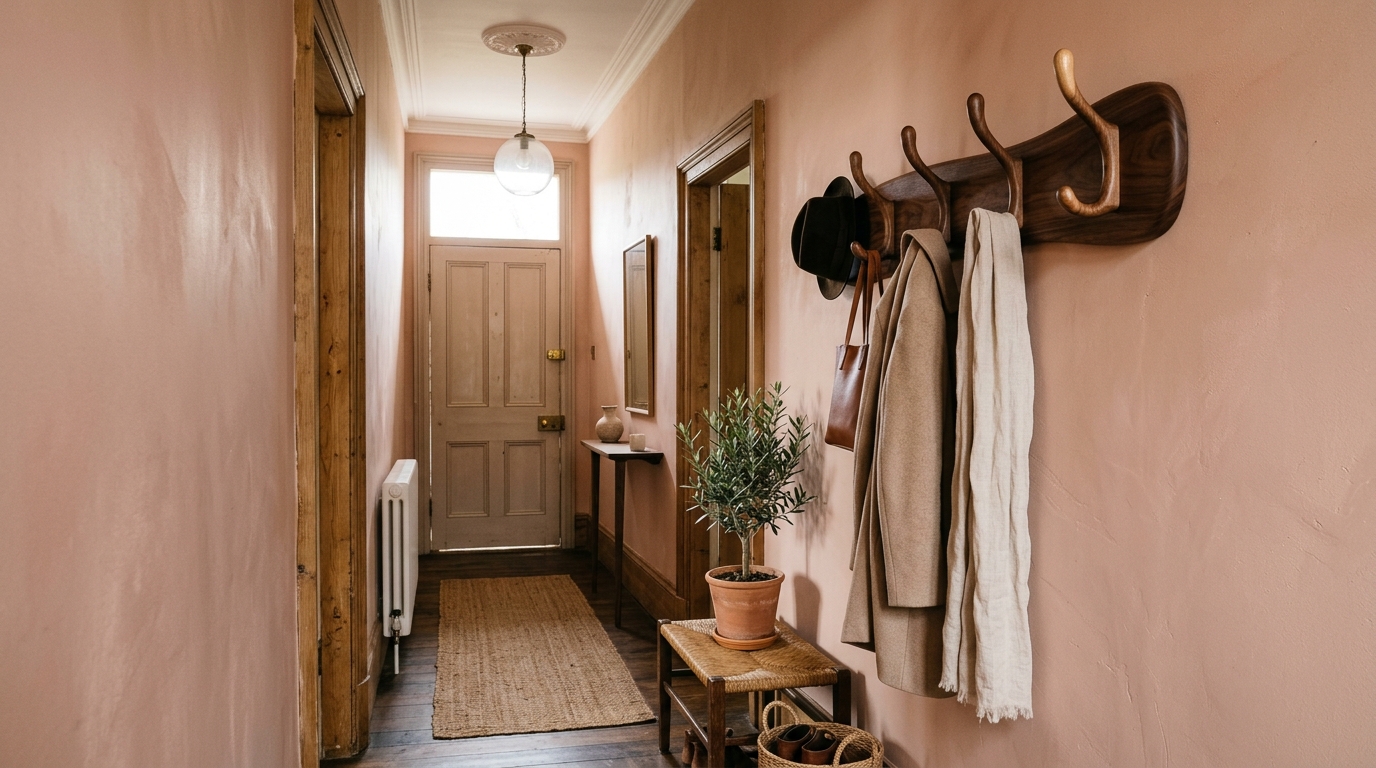 Detail of Farrow & Ball Setting Plaster walls paired with a mid-century modern walnut coat rack in a narrow apartment.