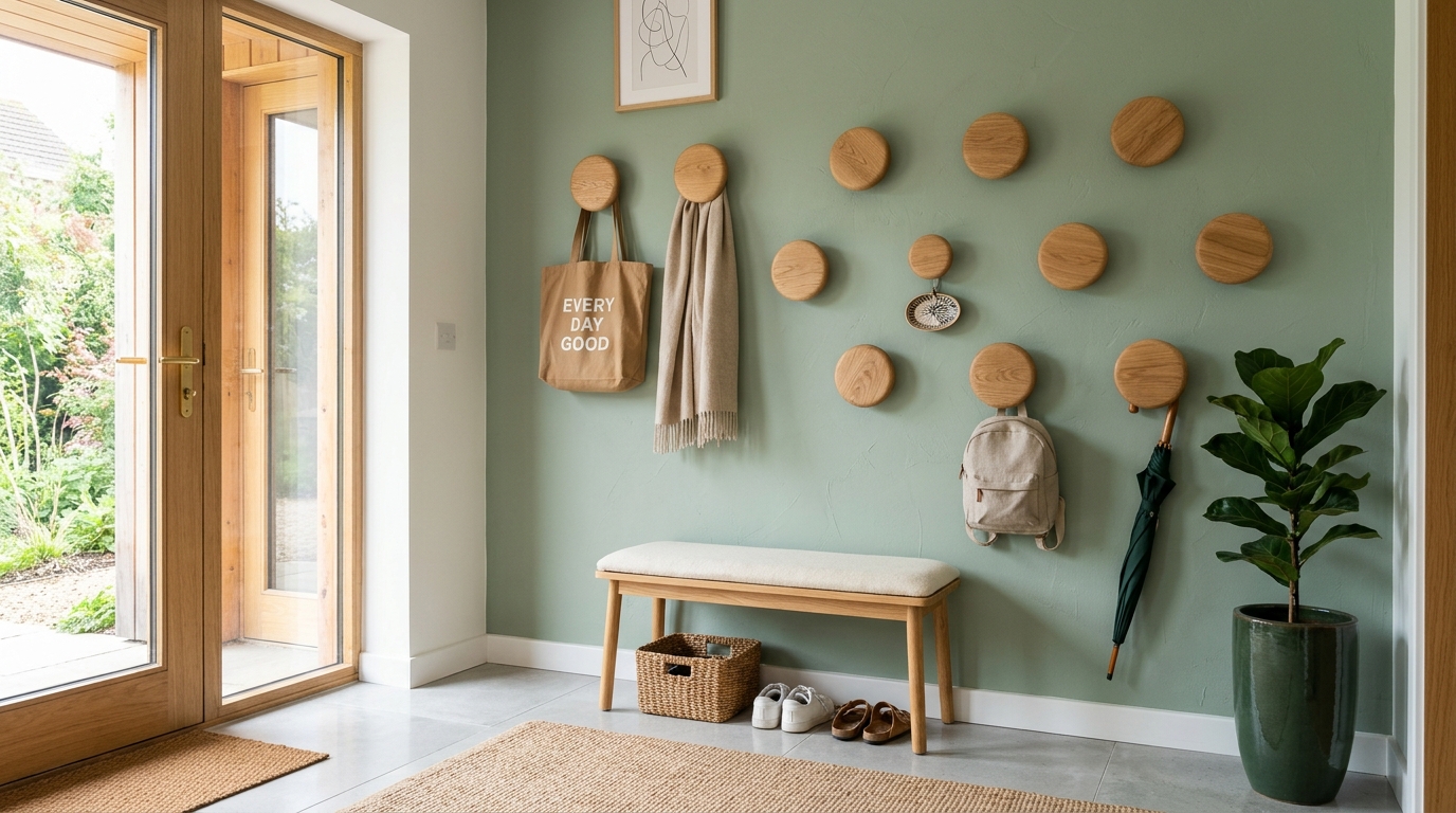 Modern narrow entryway ideas ideas using oversized circular wooden pegs to create a graphic, playful visual rhythm.