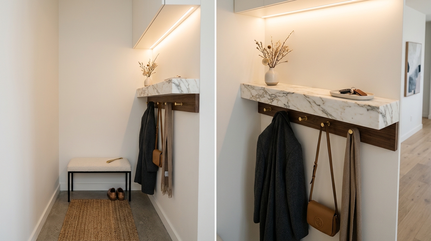 High-end micro entryway design featuring a floating marble shelf and minimalist peg rail in a sun-drenched space.