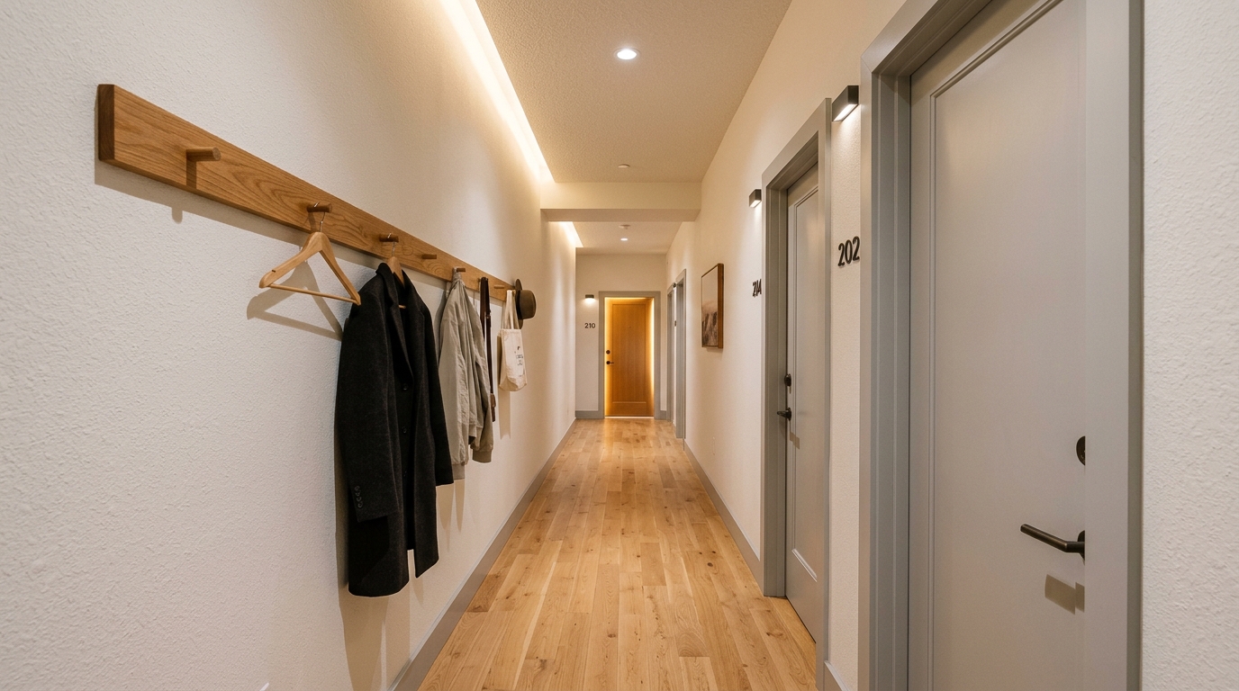Architectural view of a long, narrow corridor utilizing vertical coat rack placement to maintain 36-inch walkway clearance.