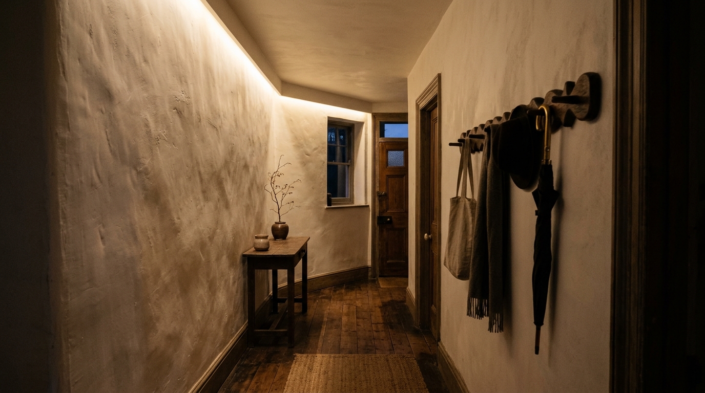 Atmospheric lighting study in a narrow hallway with 2700K warm glow highlighting the textures of a floating wood rack.