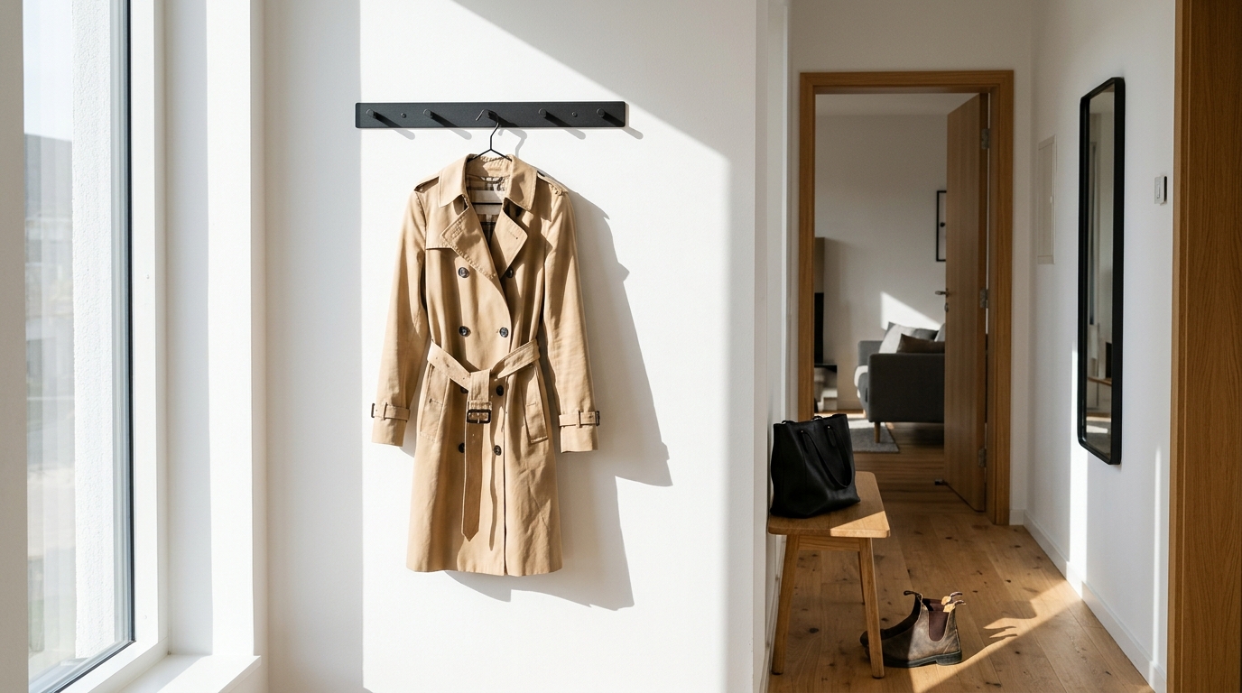 Modern narrow entryway ideas featuring a minimalist matte black peg system against a soft Benjamin Moore Swiss Coffee wall.