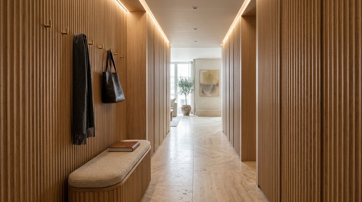 Luxury narrow entryway ideas textures showcasing a combination of fluted oak panels and a honed travertine floor.
