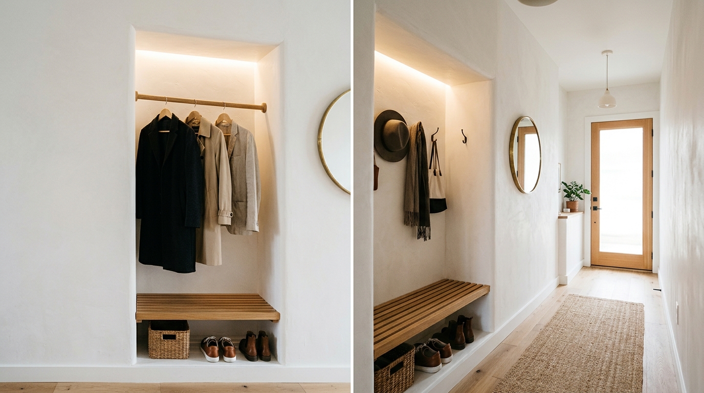 Small space narrow entryway ideas with a recessed wall niche and integrated warm LED lighting for coat storage.