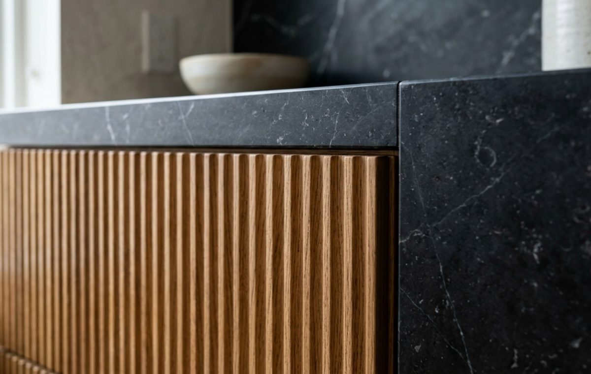 luxury contemporary kitchen furniture textures featuring fluted white oak cabinetry paired with a honed Nero Marquina marble countertop and integrated shadow gap detailing