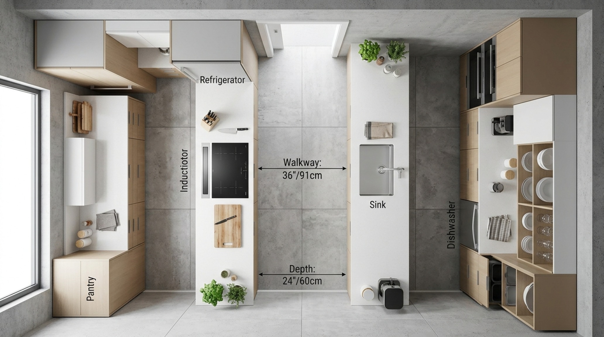 contemporary kitchen furniture architectural study of a galley layout with 36-inch standard walkways and hidden internal organizational systems