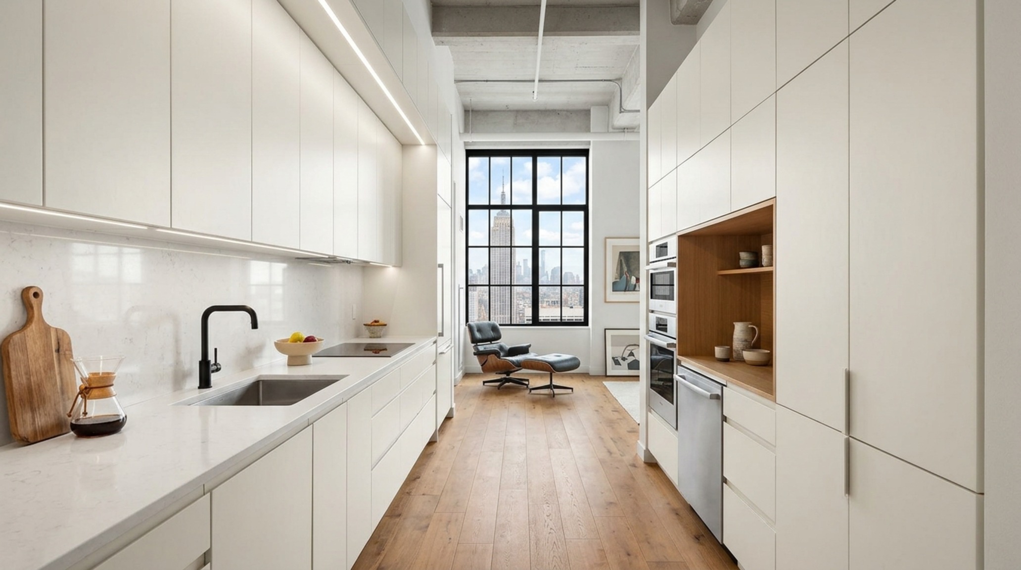 small space contemporary kitchen furniture in a minimalist urban loft using Benjamin Moore Swiss Coffee cabinetry and integrated appliances to maximize visual flow
