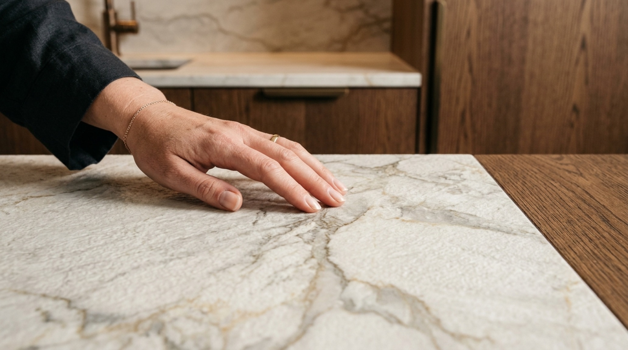 luxury contemporary kitchen furniture textures illustrated by a leathered Taj Mahal quartzite island and custom rift-sawn oak pantry doors