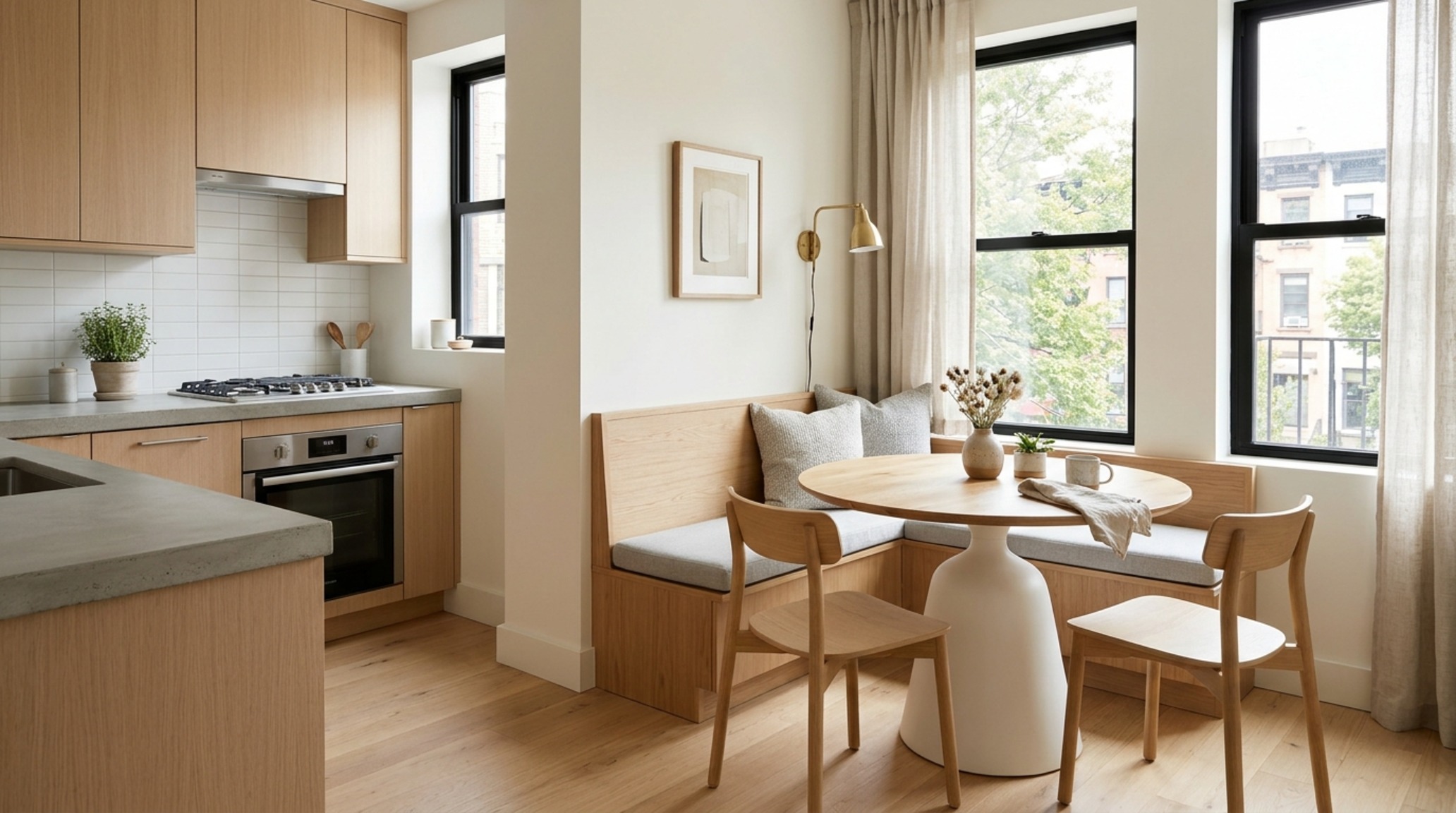 small space contemporary kitchen furniture utilizing full-height storage and a compact 30-inch dining clearance for a streamlined breakfast nook