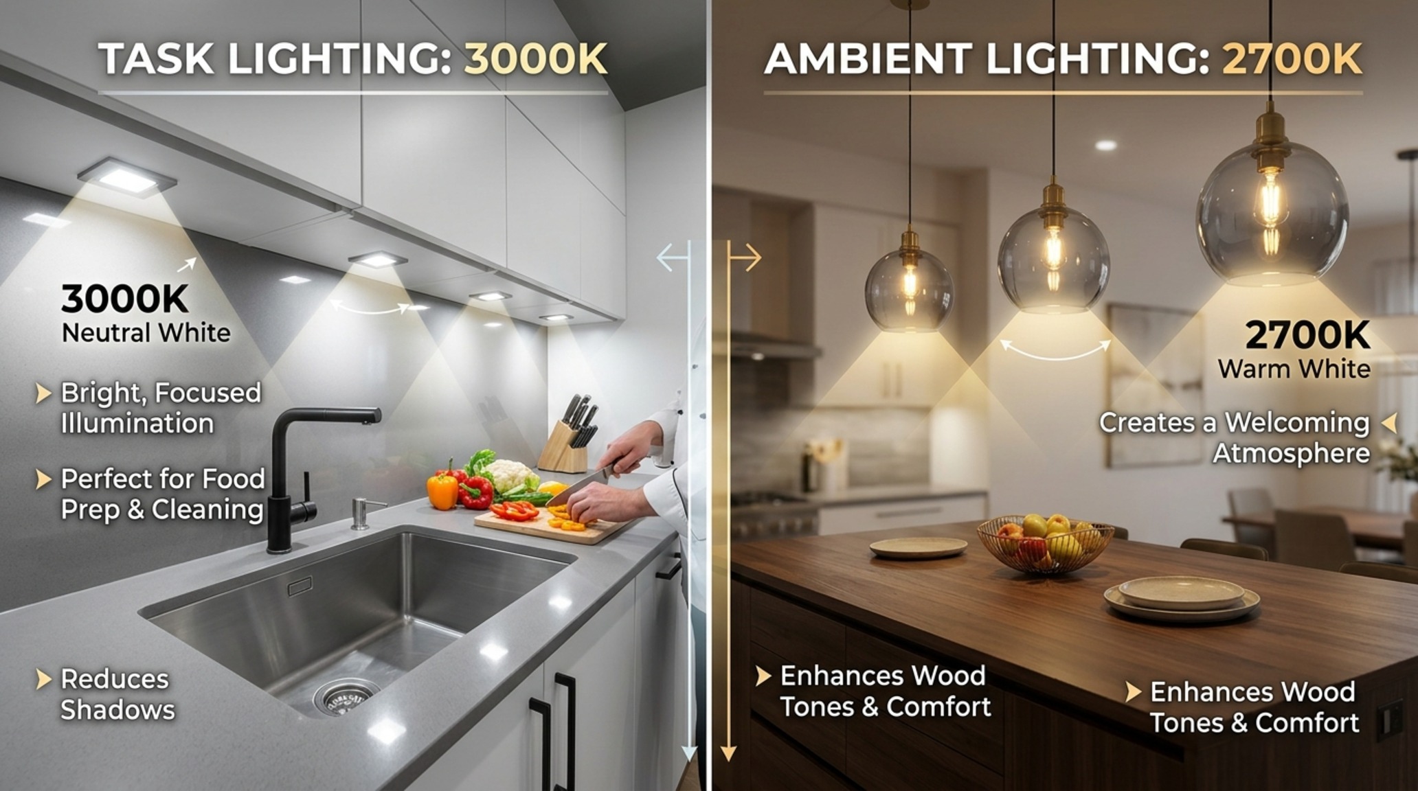 contemporary kitchen furniture lighting guide highlighting the contrast between 3000K task lighting over a prep zone and 2700K decorative glass pendants