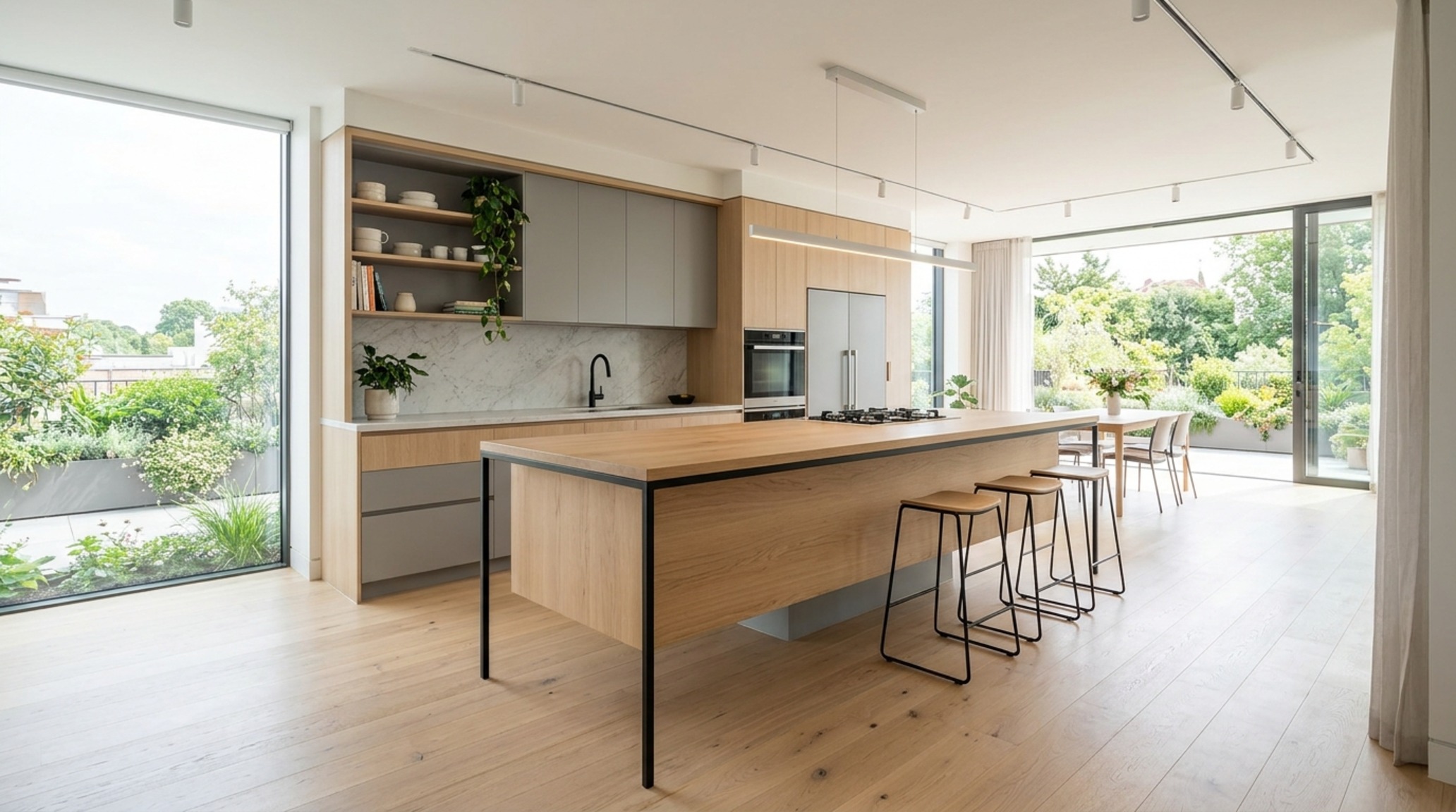 modern contemporary kitchen furniture ideas featuring a furniture-leg island design that creates a floating effect over light oak floorboards