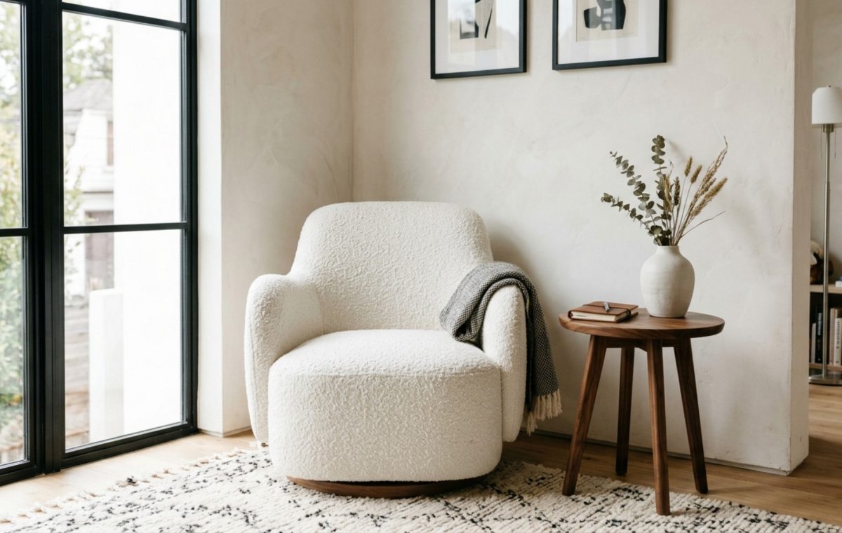 Luxury cool bedrooms for teenagers textures featuring a creamy bouclé accent chair paired with a minimalist walnut side table and a hand-knotted wool rug in a soft taupe hue.