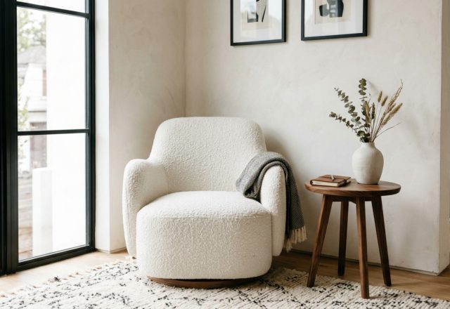 Luxury cool bedrooms for teenagers textures featuring a creamy bouclé accent chair paired with a minimalist walnut side table and a hand-knotted wool rug in a soft taupe hue.
