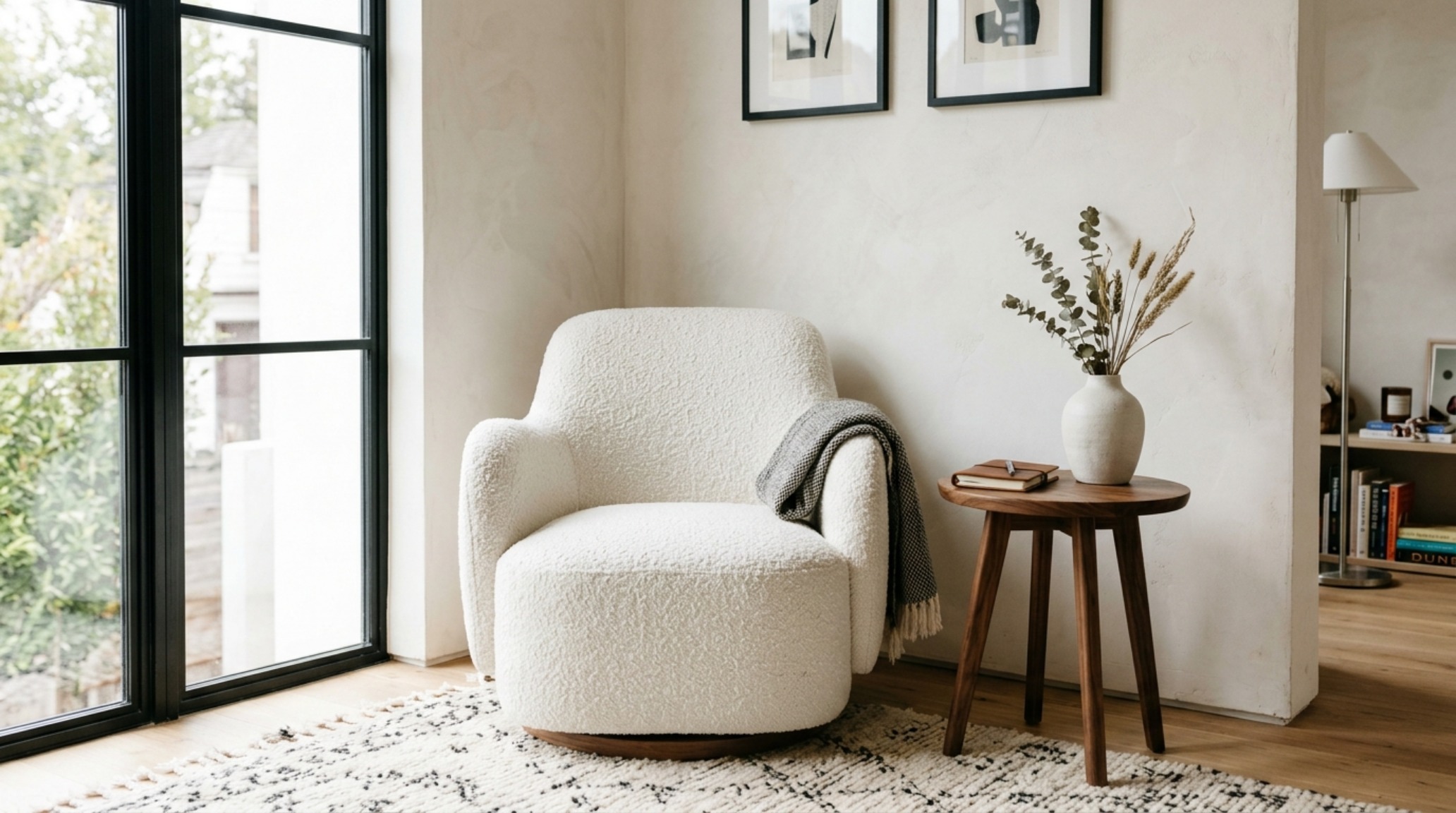 Luxury cool bedrooms for teenagers textures featuring a creamy bouclé accent chair paired with a minimalist walnut side table and a hand-knotted wool rug in a soft taupe hue. Luxury cool bedrooms for teenagers textures featuring a creamy bouclé accent chair paired with a minimalist walnut side table and a hand-knotted wool rug in a soft taupe hue.