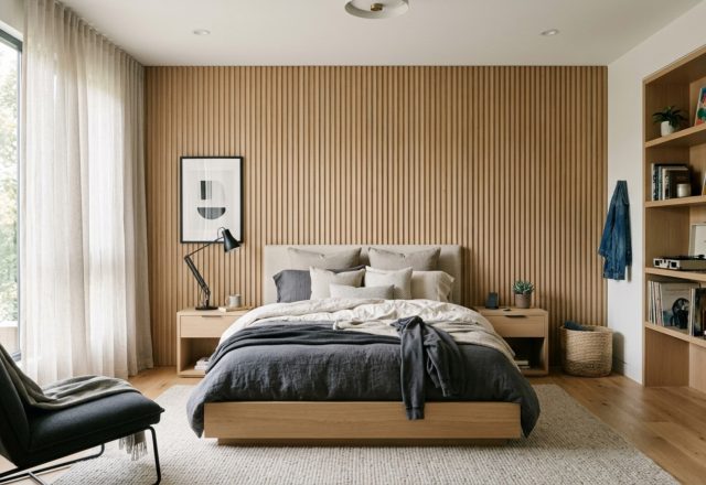 modern cool bedrooms for teenagers ideas featuring a low-profile platform bed with integrated oak headboard and architectural shadow play