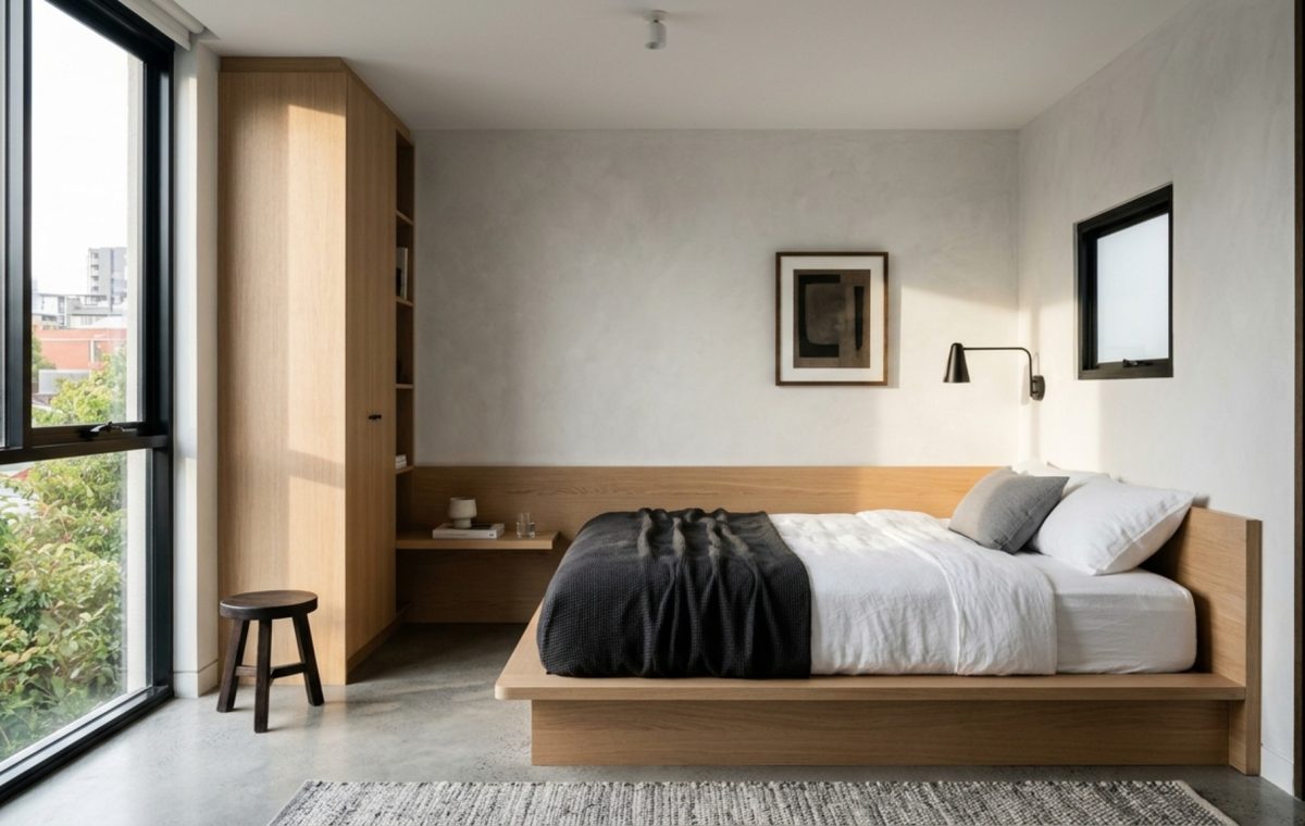 modern cool bedroom ideas for small rooms ideas featuring a low-profile platform bed in rift-sawn oak against a limewash wall with integrated LED lighting