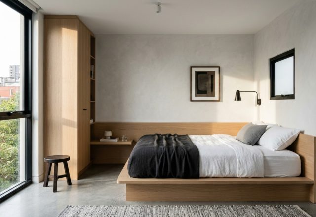modern cool bedroom ideas for small rooms ideas featuring a low-profile platform bed in rift-sawn oak against a limewash wall with integrated LED lighting
