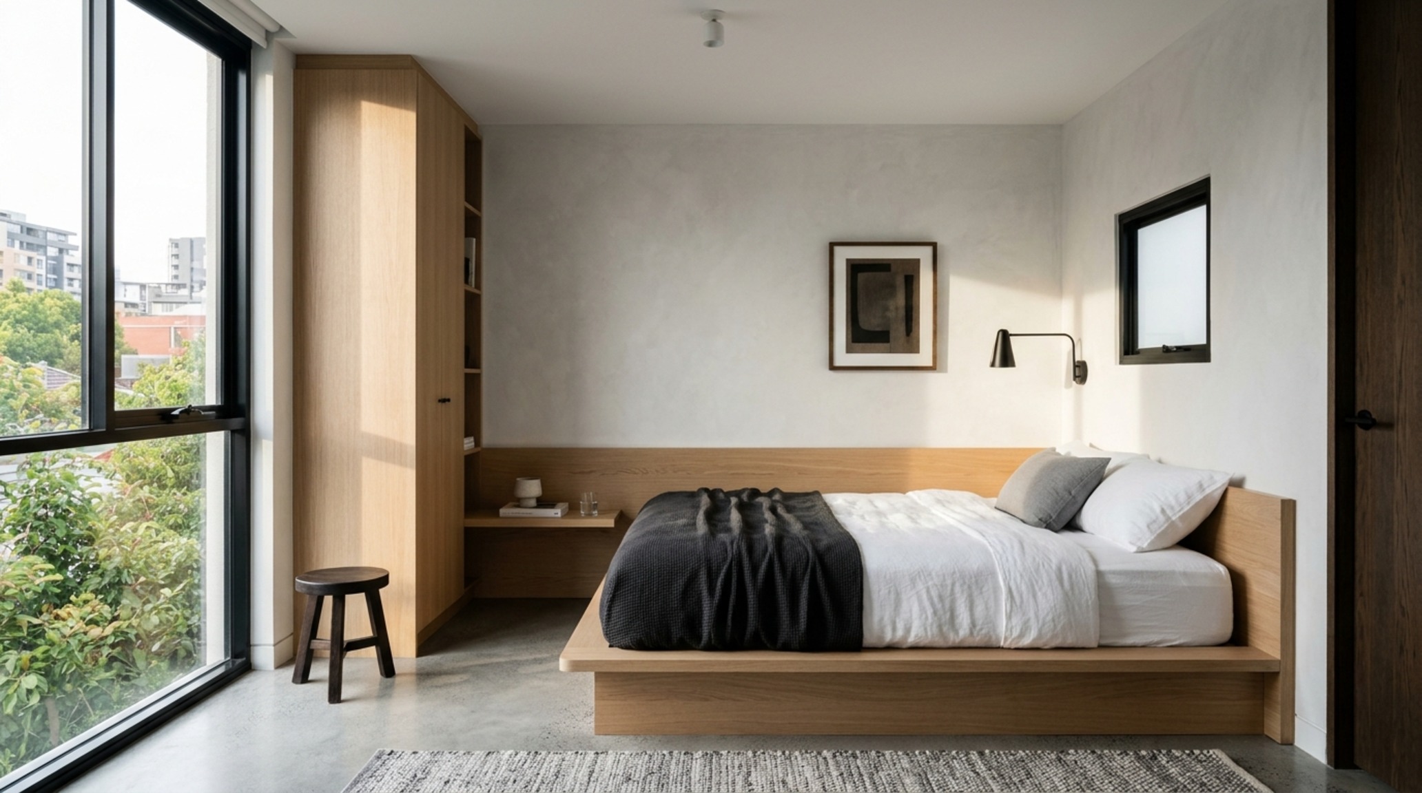 modern cool bedroom ideas for small rooms ideas featuring a low-profile platform bed in rift-sawn oak against a limewash wall with integrated LED lighting modern cool bedroom ideas for small rooms ideas featuring a low-profile platform bed in rift-sawn oak against a limewash wall with integrated LED lighting
