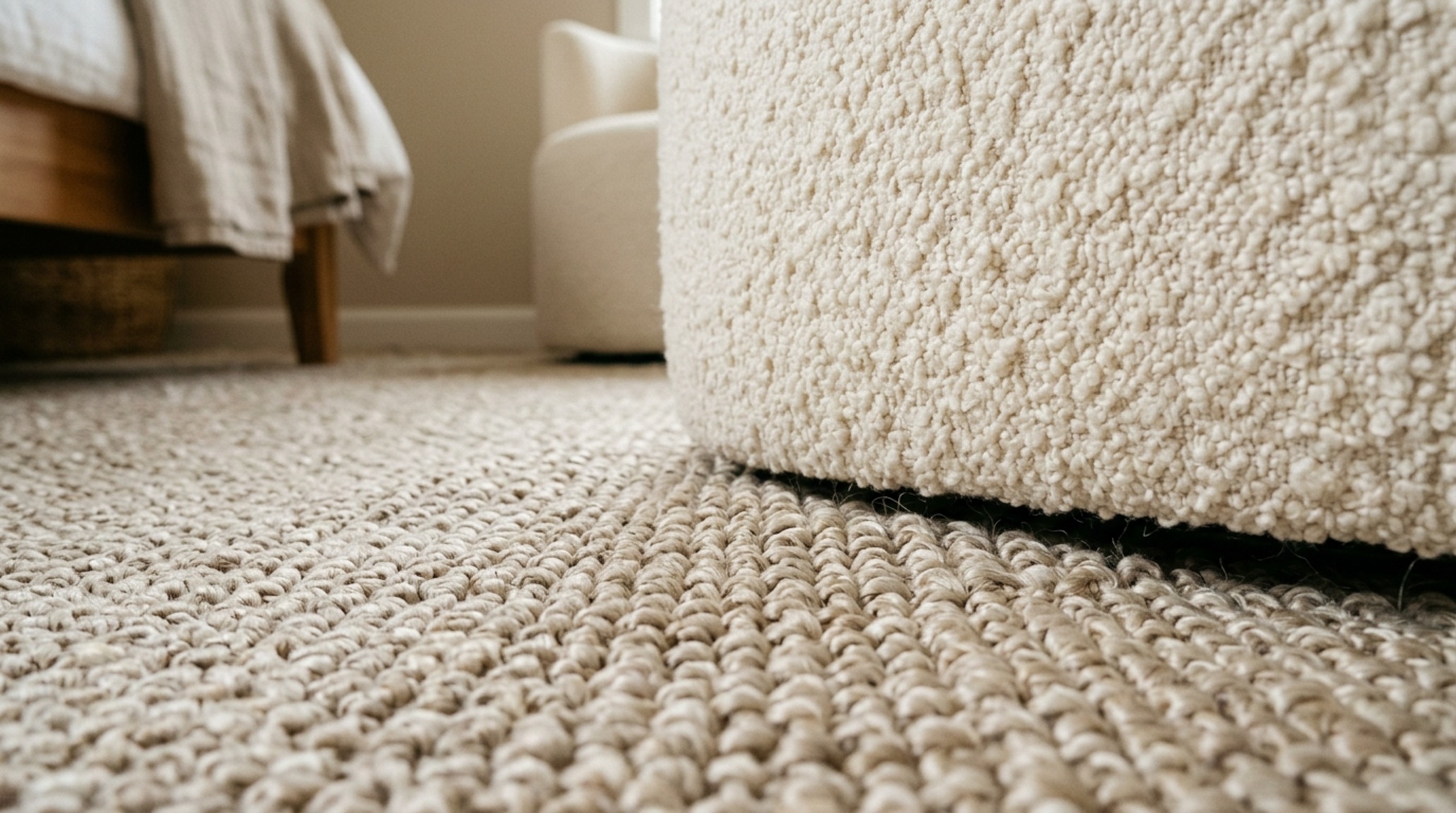 luxury cool bedroom ideas for small rooms textures showing a closeup of a bouclé upholstered headboard and silk-wool blend rug in a muted earth tone palette luxury cool bedroom ideas for small rooms textures showing a closeup of a bouclé upholstered headboard and silk-wool blend rug in a muted earth tone palette