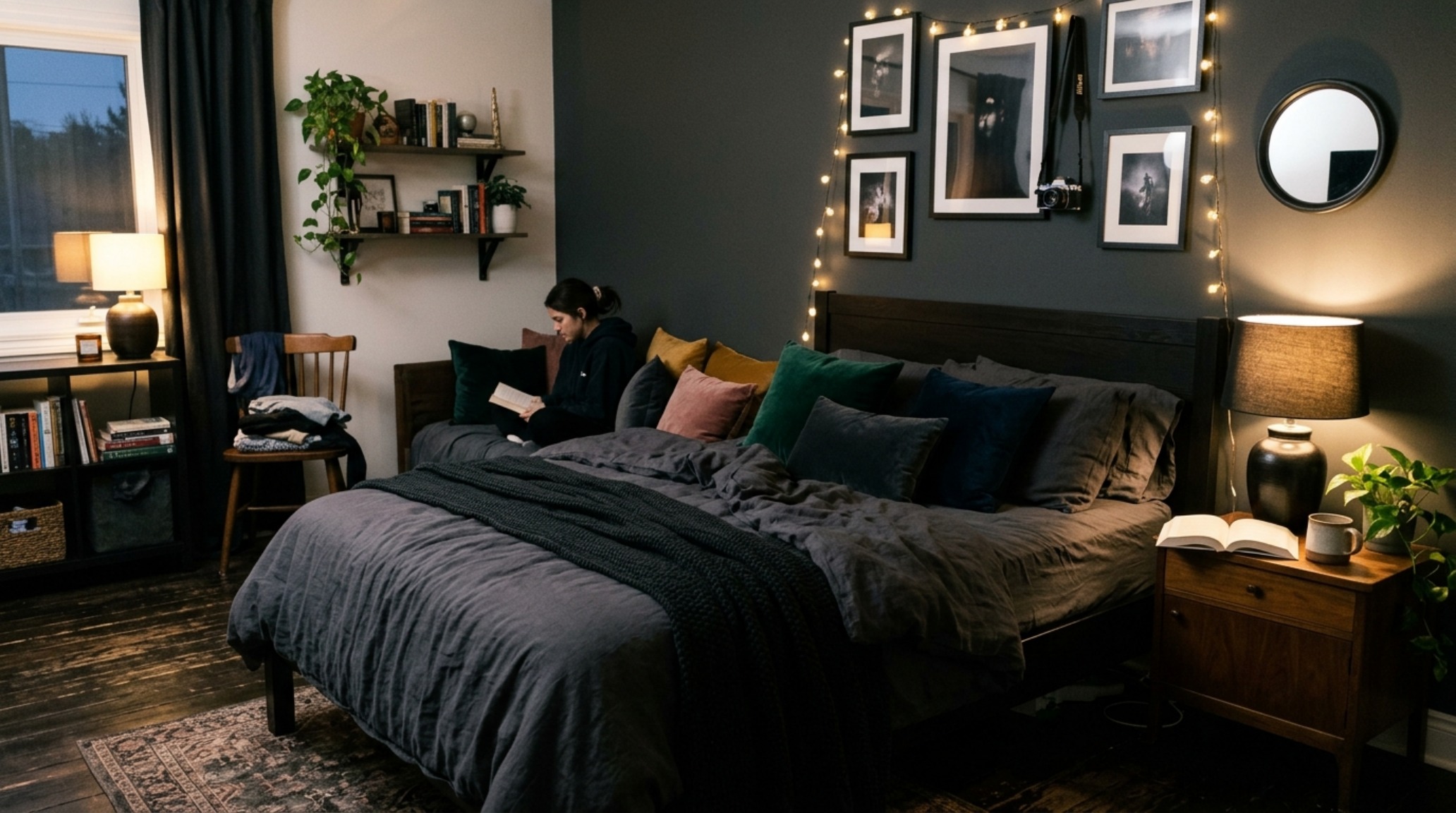 Modern cool bedrooms for teenagers ideas featuring a monochromatic charcoal grey color palette with varying textures of linen and velvet for a sophisticated, moody atmosphere. Modern cool bedrooms for teenagers ideas featuring a monochromatic charcoal grey color palette with varying textures of linen and velvet for a sophisticated, moody atmosphere.