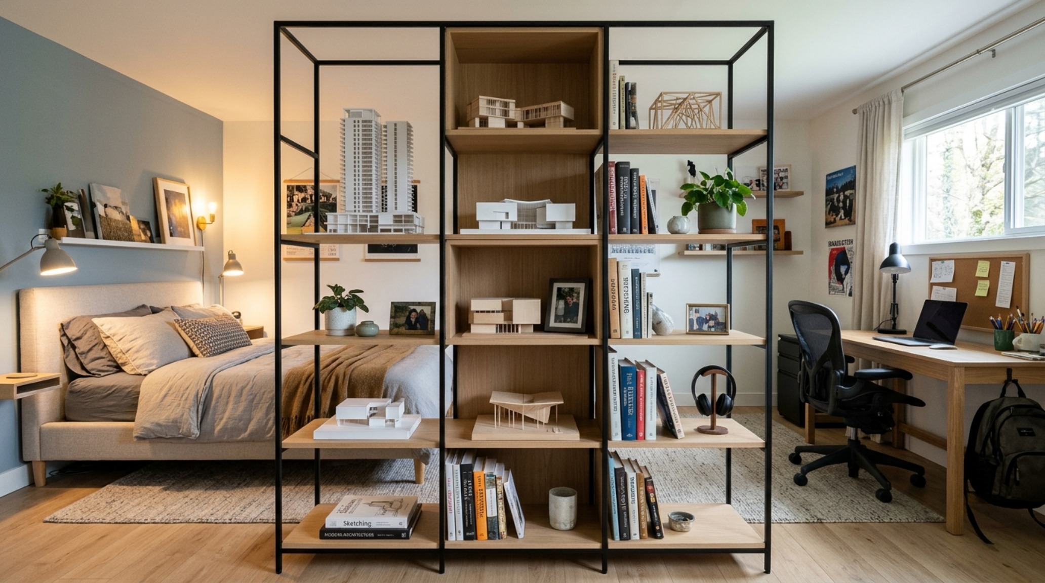 Small space cool bedrooms for teenagers with a floor-to-ceiling custom bookshelf that doubles as a room divider, maintaining sightlines through open architectural shelving. Small space cool bedrooms for teenagers with a floor-to-ceiling custom bookshelf that doubles as a room divider, maintaining sightlines through open architectural shelving.